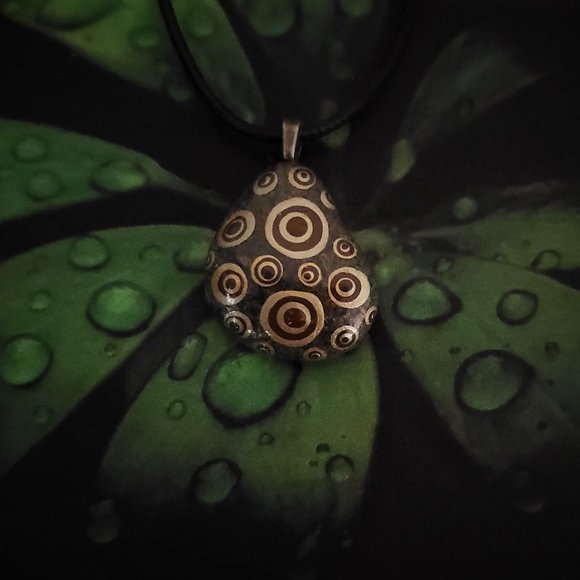 Hand Painted Dot Art Pendant. Grey River Stone with Gold and Brown Spheres - Picture 9 of 11